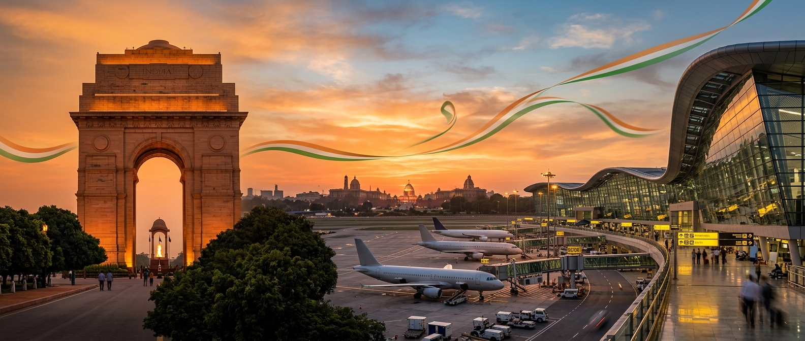 India Gate and airport terminal at sunset