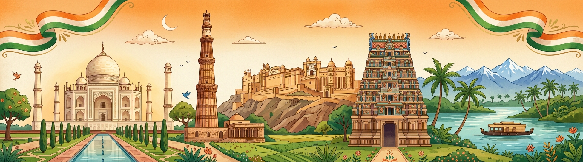 Incredible India — Taj Mahal, Qutub Minar, temples, Himalayas, Kerala backwaters